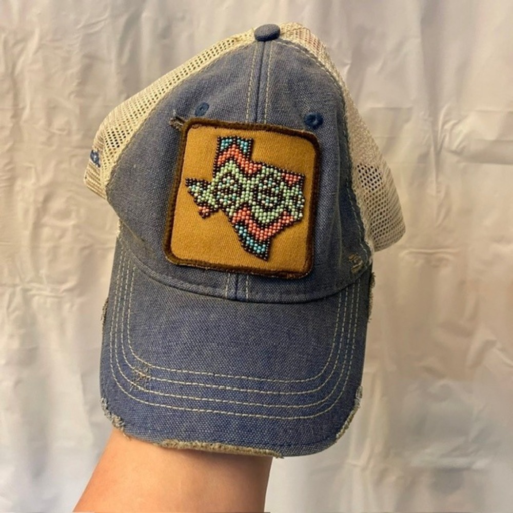 Judith March Texas Beaded Patch Trucker Hat Distressed Blue Denim Snapback Cap